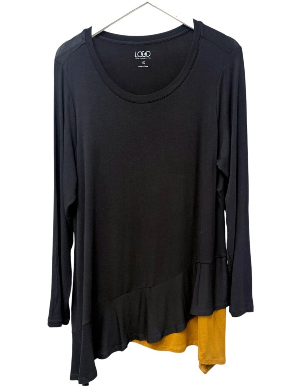 LOGO Lori Goldstein Tunic Top Plus Size 1X Stretch Black Yellow Ruffle Hem Tee